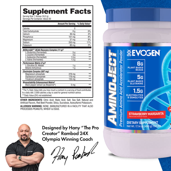 Evogen | AminoJect | Premium Amino Acid Accelerator Powder | Strawberry Margarita Flavor | Supplement Facts Panel