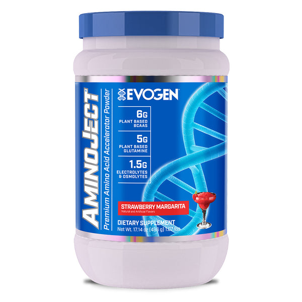 Evogen | AminoJect | Premium Amino Acid Accelerator Powder | Strawberry Margarita Flavor | Front Image Bottle