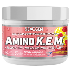 Evogen | Amino K.E.M. | Elite EAA Pump Volumizer Powder | Naturally Sweetened | Raspberry Lemonade Flavor | Front Image Bottle