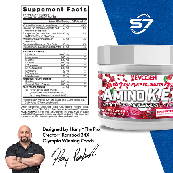 Evogen | Amino K.E.M. | Elite EAA Pump Volumizer Powder | Cranberry Pomegranate Flavor |Supplement Facts Panel