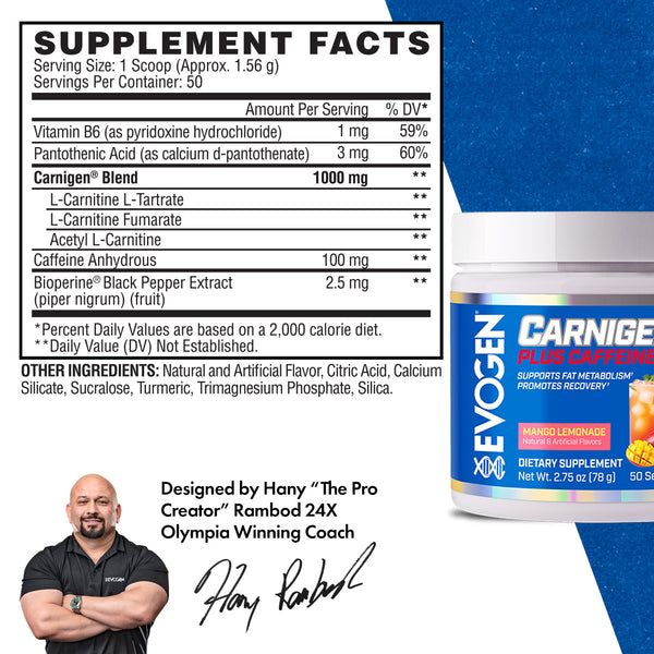 Evogen | Carnigen Plus Caffeine | Carnitine Powder | Mango Lemonade Flavor | Supplement Facts Panel