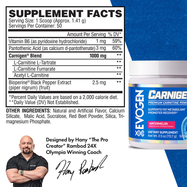 Evogen |  Carnigen | Carnitine Powder | Watermelon Flavor | Supplement Facts Panel