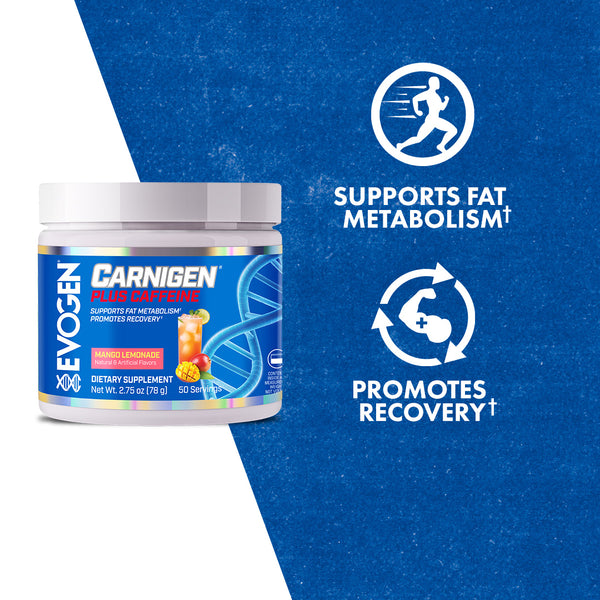 Evogen | Carnigen Plus Caffeine | Carnitine Powder | Mango Lemonade Flavor | Product Call Outs