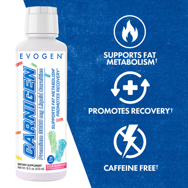 Evogen | Carnigen Liquid L-Carnitine | Sour Gummies Flavor | Product Callouts