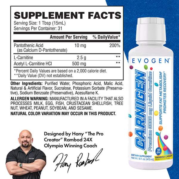 Evogen | Carnigen Liquid L-Carnitine | Rainbow Candy Flavor | Supplement Facts panel image