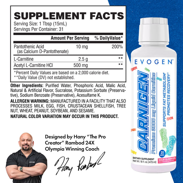 Evogen | Carnigen Liquid L-Carnitine | Sour Gummies Flavor | Supplement Facts panel image