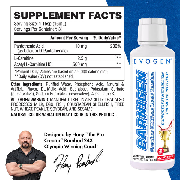 Evogen | Carnigen Liquid L-Carnitine | Victory Punch Flavor | Supplement Facts panel image