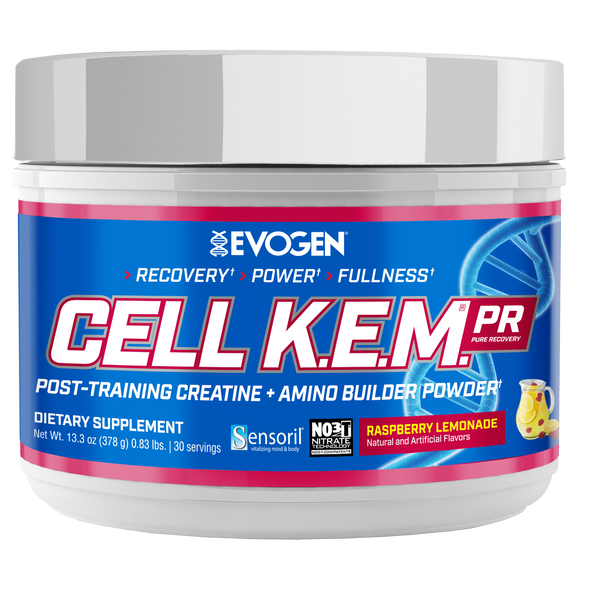 Evogen | Cell K.E.M. PR (pure recovery) | Post Training Creatine & Amino Builder Powder | Raspberry Lemonade Flavor | Front Image Bottle