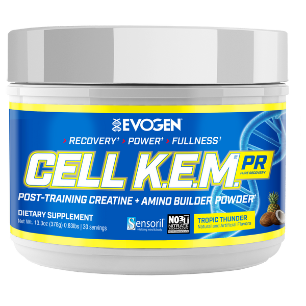 Evogen | Cell K.E.M. PR (pure recovery) | Post Training Creatine & Amino Builder Powder | Tropic Thunder Flavor | Front Image Bottle