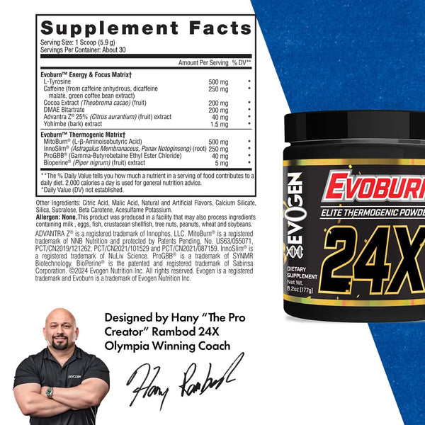 Evogen | Evoburn | Elite Thermogenic Powder | New Product | Victory Punch Flavor | Supplement Facts Panel