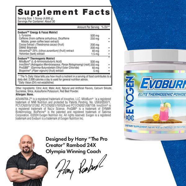 Evogen | Evoburn | Elite Thermogenic Powder | New Product | Strawberry Lemonade Flavor | Supplement Facts Panel