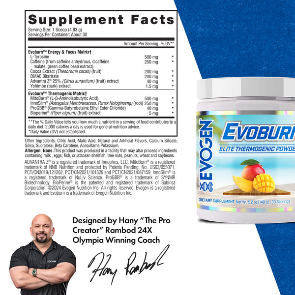 Evogen | Evoburn | Elite Thermogenic Powder | New Product | Mango Flavor | Supplement Facts Panel