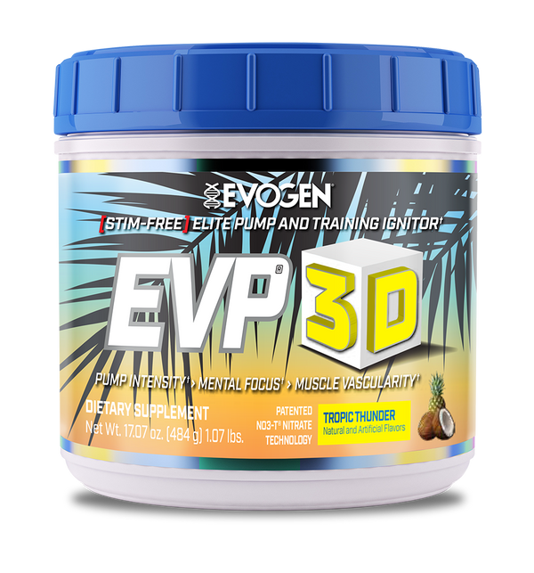 Evogen | EVP-3D | Non-Stimulant Pre-Workout Powder | Tropic Thunder Flavor | Front Image Bottle