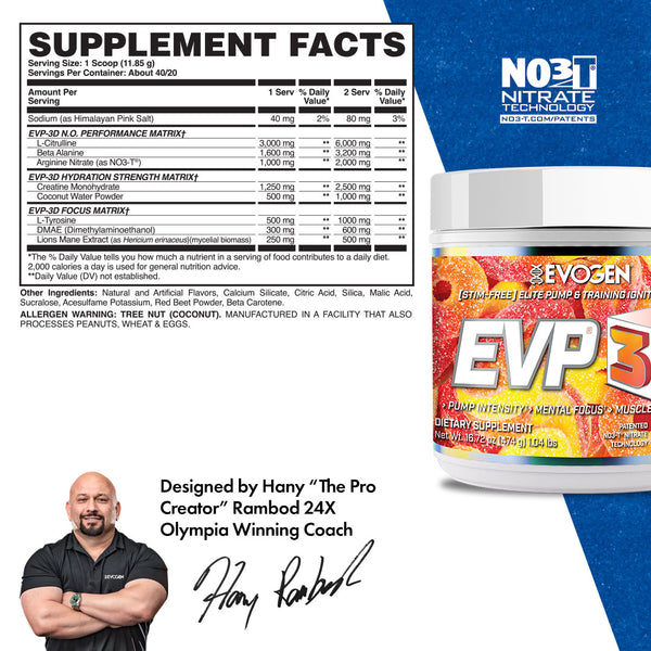 Evogen | EVP-3D | Non-Stimulant Pre-Workout Powder | Peach Rings Flavor | Supplement Facts Panel Image