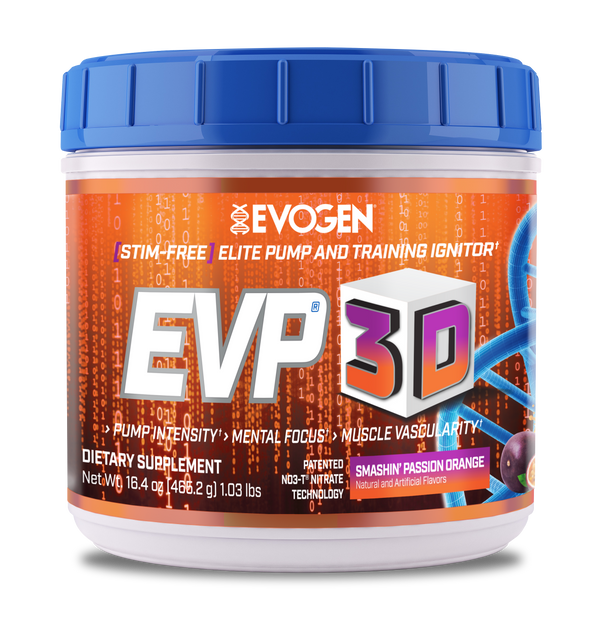 Evogen | EVP-3D | Non-Stimulant Pre-Workout Powder | Smashin' Passion Orange Flavor | Front Image Bottle 