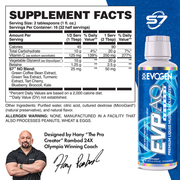 Evogen | EVP AQ (Aqueous) | Liquid Muscle Volumizer | Unflavored | Vegetable Glycerol | Betaine | S7™ NO Blend | Supplement Facts Panel Image