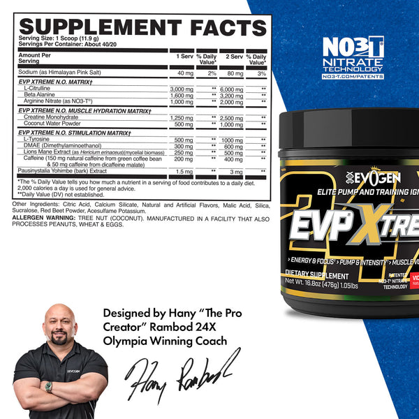 Evogen | EVP Xtreme N.O. | Pre-Workout Powder | Stimulant | Arginine Nitrate | Victory Punch Flavor | Supplement Facts Panel Image