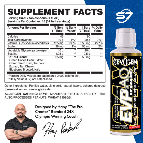 Evogen | EVP AQ (Aqueous) | Liquid Muscle Volumizer | Victory Punch Flavor | Vegetable Glycerol | Betaine | S7™ NO Blend | Supplement Facts Panel Image