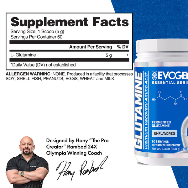 Evogen | Glutamine | Recovery Amino Acid Powder | Unflavored | Supplement Facts Panel