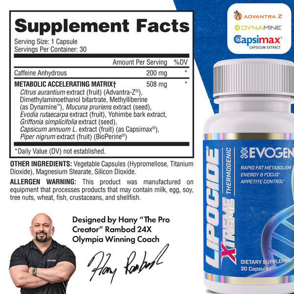 Evogen | Lipocide Xtreme | Maximum Strength | Single Capsule | Extreme Fat Burner | 30 capsules | Supplement Fact Image