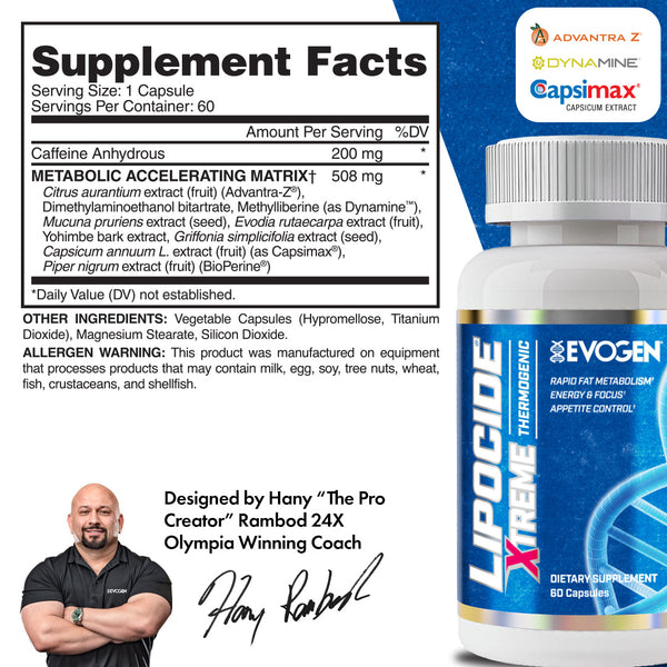 Evogen | Lipocide Xtreme | Maximum Strength | Single Capsule | Extreme Fat Burner | 60 capsules | Supplement Facts Panel Image