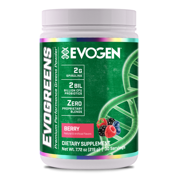 Evogen | Evogreens | Premium Performance Greens Superfood Powder | Berry Flavor | Front Image Bottle