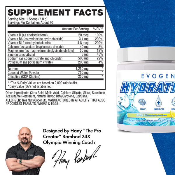 Evogen | Hydration | Full Spectrum Electrolyte Powder | New Product | Lemon Lime Flavor | Supplement Facts Panel 