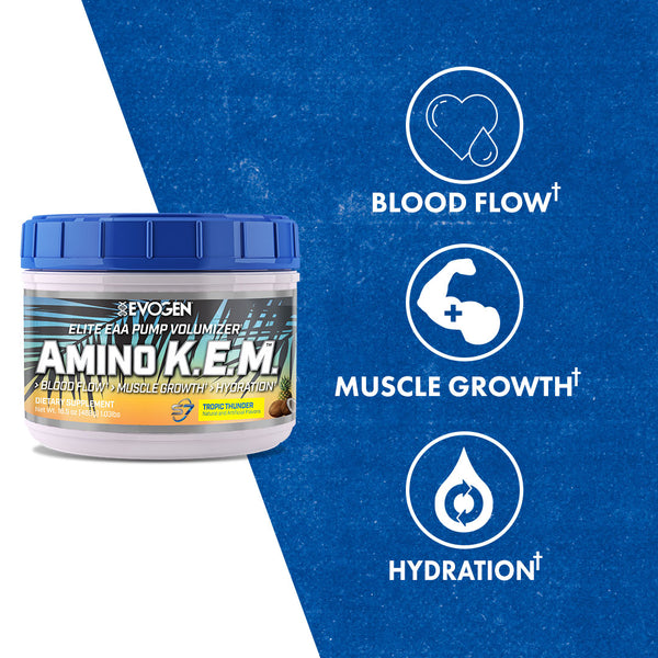 Evogen | Amino K.E.M. | Elite EAA Pump Volumizer Powder | Tropic Thunder Flavor | Product Callouts