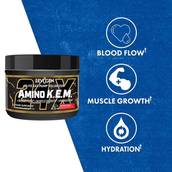 Evogen | Amino K.E.M. | Elite EAA Pump Volumizer Powder | Victory Punch Flavor | Product callouts