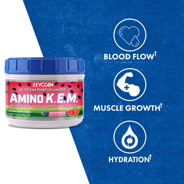 Evogen | Amino K.E.M. | Elite EAA Pump Volumizer Powder | Sour Watermelon Flavor | Product callouts