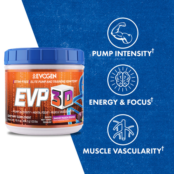 Evogen | EVP-3D | Non-Stimulant Pre-Workout Powder | Smashin' Passion Orange Flavor | Product Call Outs