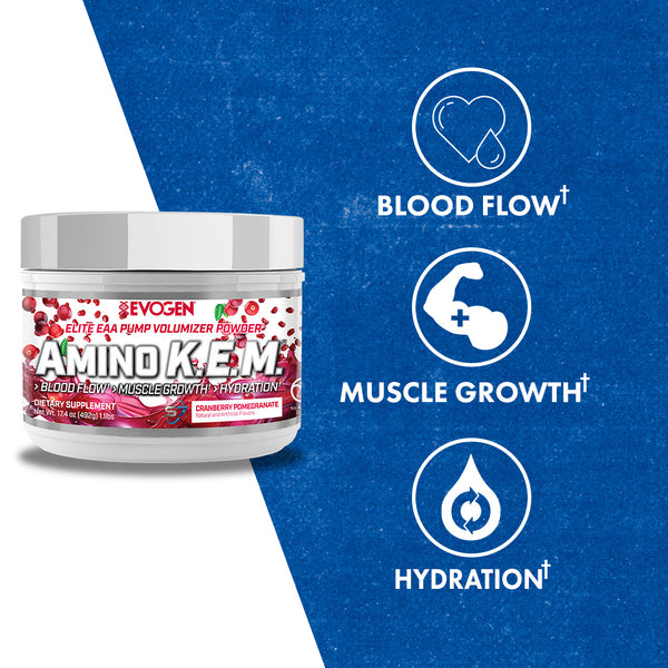 Evogen | Amino K.E.M. | Elite EAA Pump Volumizer Powder | Cranberry Pomegranate Flavor | Product Callouts