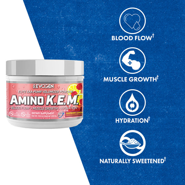 Evogen | Amino K.E.M. | Elite EAA Pump Volumizer Powder | Naturally Sweetened | Raspberry Lemonade Flavor | Product Callouts