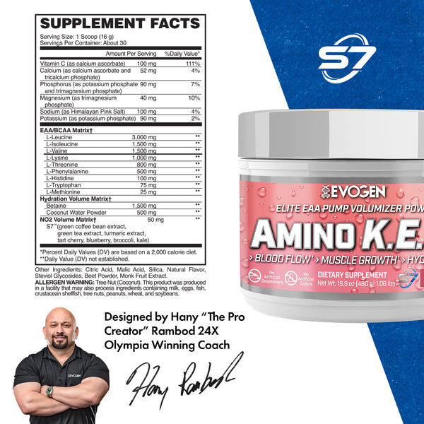 Evogen | Amino K.E.M. | Elite EAA Pump Volumizer Powder | Naturally Sweetened | Raspberry Lemonade Flavor | Supplement Facts Panel Image