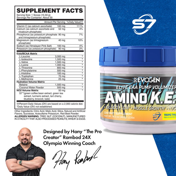 Evogen | Amino K.E.M. | Elite EAA Pump Volumizer Powder | Tropic Thunder Flavor | Supplement Facts Panel