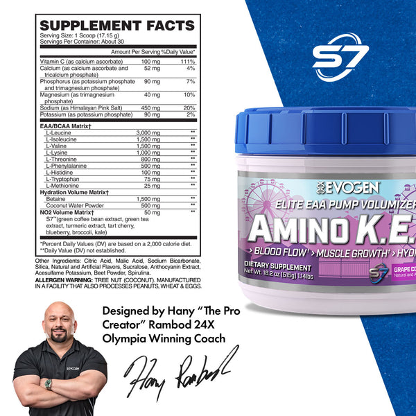 Evogen | Amino K.E.M. | Elite EAA Pump Volumizer Powder | Grape Cotton Candy Flavor | Supplement Facts Panel