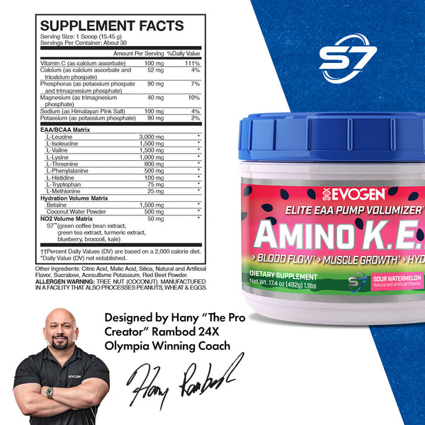 Evogen | Amino K.E.M. | Elite EAA Pump Volumizer Powder | Sour Watermelon Flavor | Supplement Facts Panel