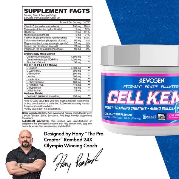 Evogen | Cell K.E.M. PR (pure recovery) | Post Training Creatine & Amino Builder Powder | Sour Watermelon Flavor | Supplement Facts Panel Image