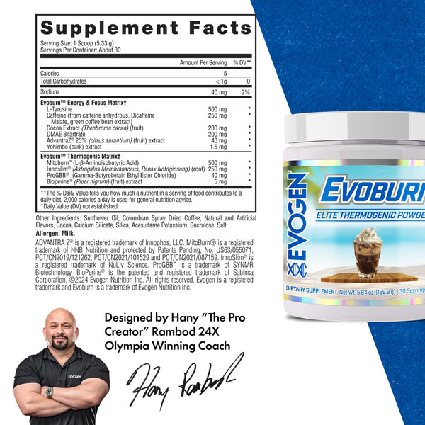 Evogen | Evoburn | Elite Thermogenic Powder | New Product | Iced Mocha Coffee Flavor | Supplement Facts Panel