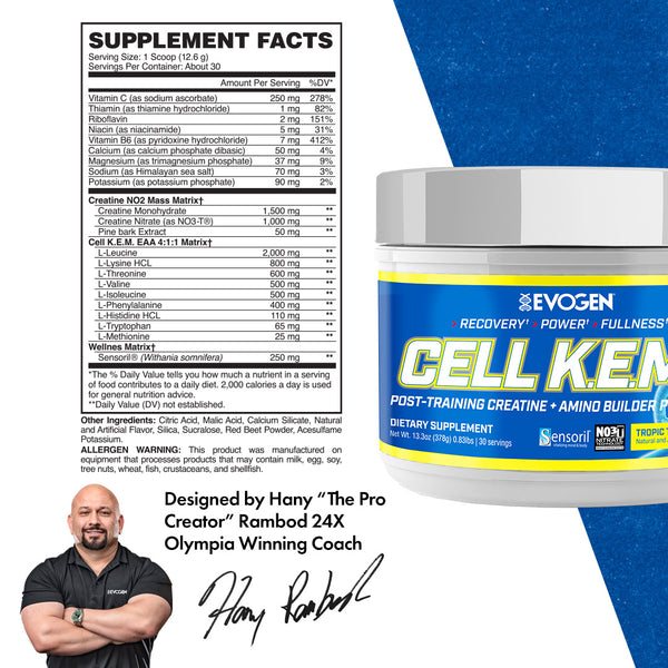 Evogen | Cell K.E.M. PR (pure recovery) | Post Training Creatine & Amino Builder Powder | Tropic Thunder Flavor | Supplement Facts Panel image