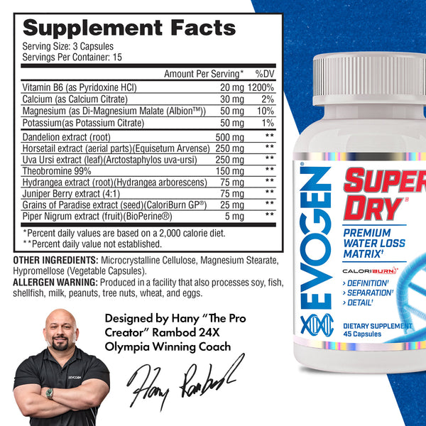 Evogen | Super Dry | Premium Water Control Matrix | Supplement Facts Panel Image