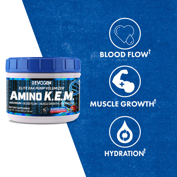 Evogen | Amino K.E.M. | Elite EAA Pump Volumizer Powder | Blueberry Apple Flavor | Product Callouts