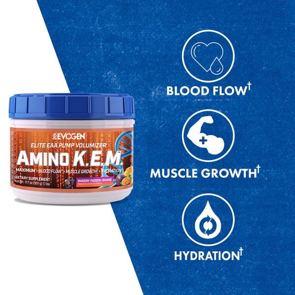 Evogen | Amino K.E.M. | Elite EAA Pump Volumizer Powder | Smashin' Passion Orange Flavor | Product Callouts