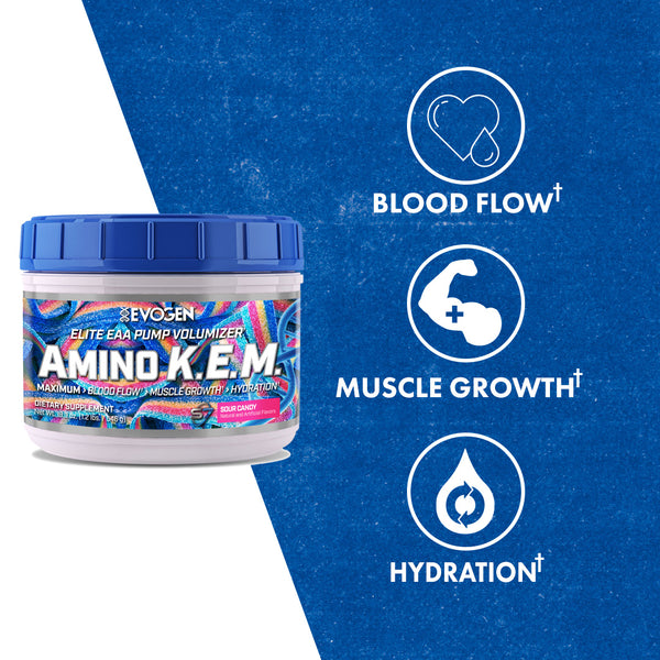 Evogen | Amino K.E.M. | Elite EAA Pump Volumizer Powder | Sour Candy Flavor | Product callouts